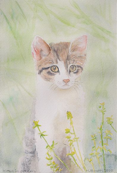 Kitten in garden, painted 2020