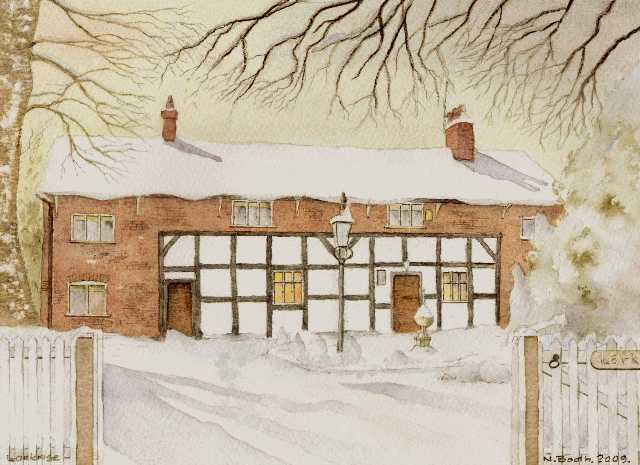 Larkrise in snow, Flixton Village, painted 2009